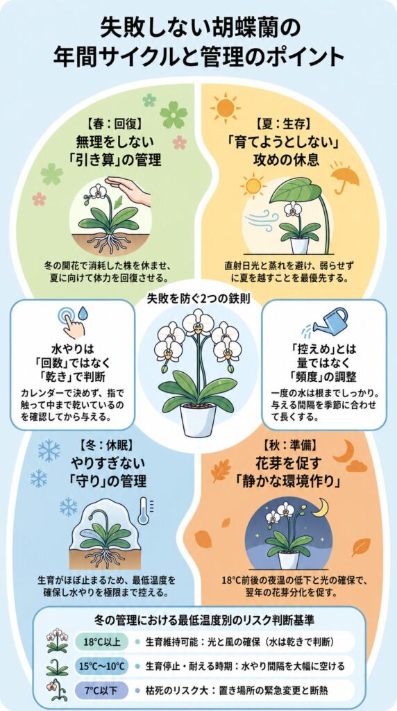胡蝶蘭の年間サイクル管理ガイド|春の回復・夏の休養・秋の花芽準備・冬の休眠の育て方と、水やりの判断基準や冬の最低温度別リスクをまとめたインフォグラフィック
