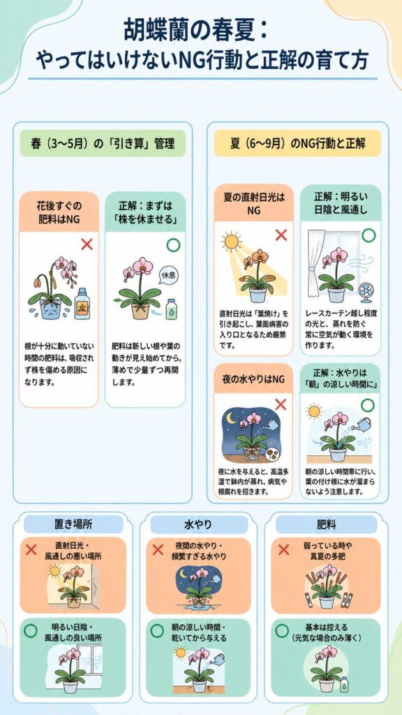 胡蝶蘭の春夏管理ガイド|花後すぐの肥料や直射日光・夜の水やりなどのNG行動と、株を休ませる管理・明るい日陰と風通し・朝の水やりなど正しい育て方を解説したインフォグラフィック