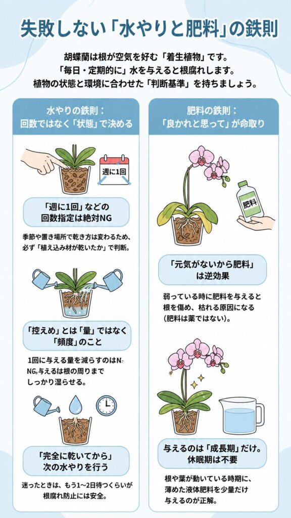 胡蝶蘭の水やりと肥料の基本ルール|回数ではなく植え込み材の乾きで判断する水やりと、弱っている時に肥料を与えない・成長期のみ薄く与える肥料管理を解説したインフォグラフィック