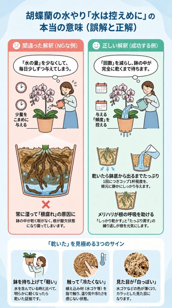 胡蝶蘭の水やり「控えめ」の正しい意味ガイド|少量を毎日与えるNG例と、鉢が完全に乾いてからたっぷり与える正しい方法、乾きのサイン(鉢の軽さ・温度・見た目)を解説したインフォグラフィック