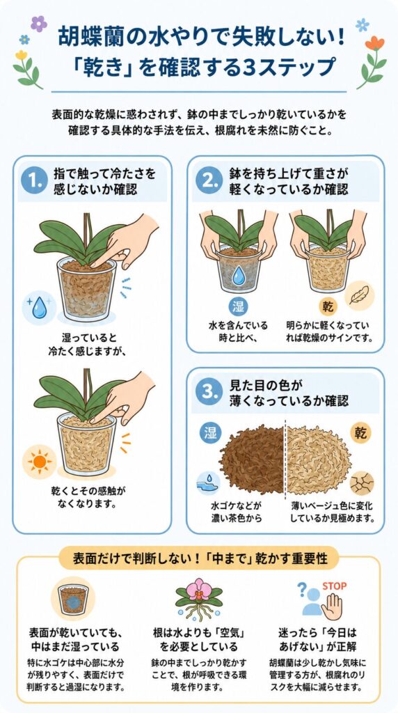 胡蝶蘭の水やりで失敗しない乾き確認ガイド|指で触る・鉢の重さ・用土の色の3ステップで鉢の中まで乾いたか判断し、表面だけで判断しない水やり管理を解説したインフォグラフィック