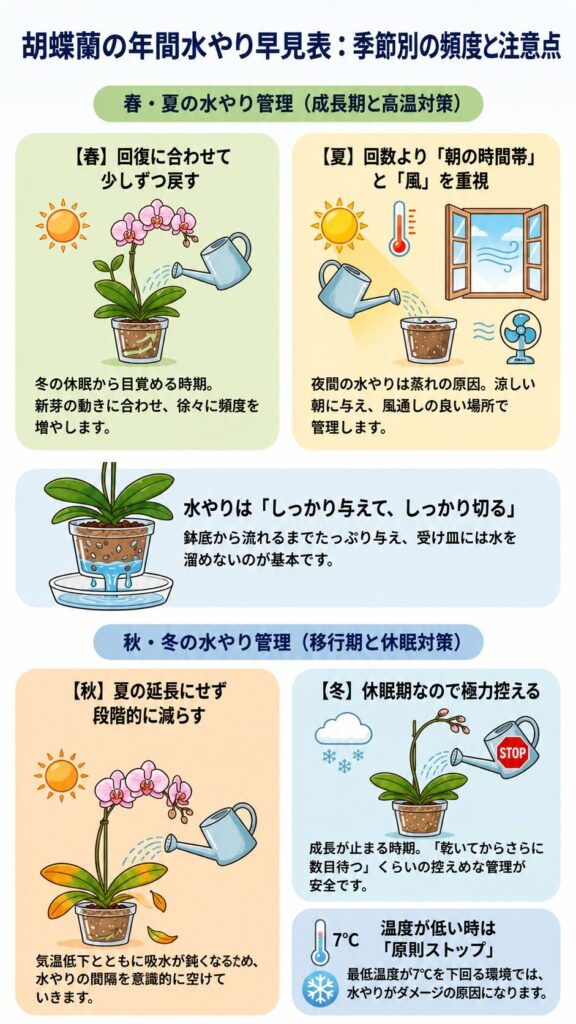 胡蝶蘭の年間水やり早見表|春夏は朝にたっぷり与え風通しを確保し、秋は段階的に減らし、冬は乾いてからさらに待つ控えめ管理と7℃以下では水やり停止の目安を解説したインフォグラフィック