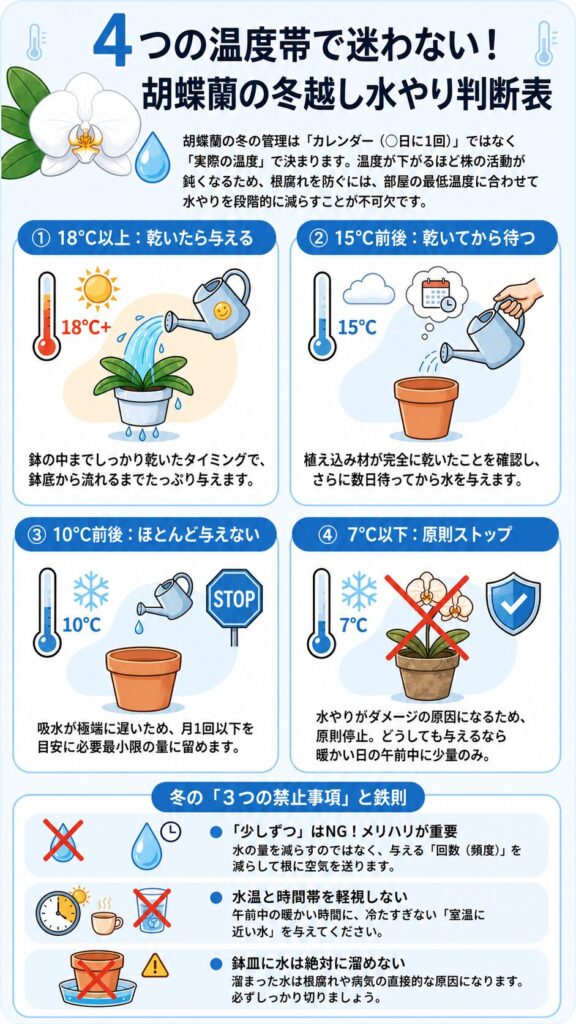 胡蝶蘭の冬越し水やり判断表|18℃以上・15℃前後・10℃前後・7℃以下の温度帯ごとに水やり頻度を判断し、冬の禁止事項と根腐れを防ぐ管理の鉄則を解説したインフォグラフィック