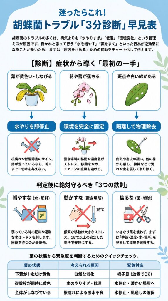 胡蝶蘭トラブル3分診断ガイド｜葉の黄変・花落ち・斑点などの症状から原因を判断し、水やり停止・環境固定・隔離など最初に取るべき対処と管理の鉄則をまとめたインフォグラフィック