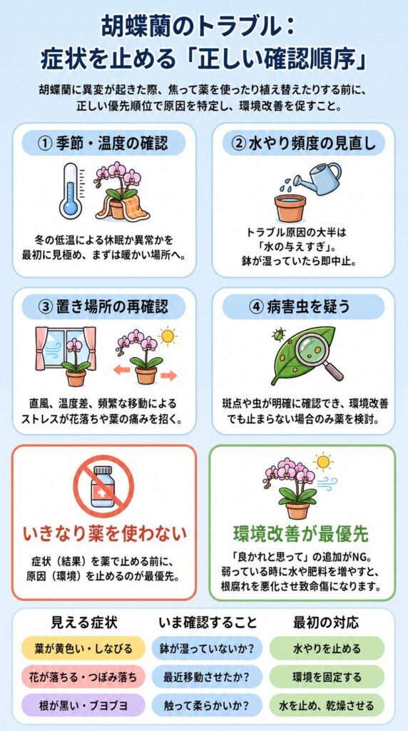 胡蝶蘭トラブル対処の確認順序ガイド｜季節と温度・水やり頻度・置き場所・病害虫の順で原因を確認し、薬に頼る前に環境改善で症状を止める基本対応を解説したインフォグラフィック