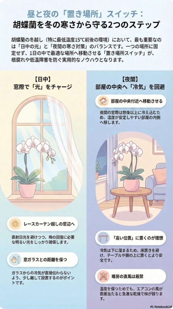 胡蝶蘭を冬の寒さから守る置き場所ガイド｜昼はレースカーテン越しの窓辺で光を確保し、夜は部屋の中央や高い位置へ移動して冷気と窓際の寒さを避ける管理方法を解説したインフォグラフィック