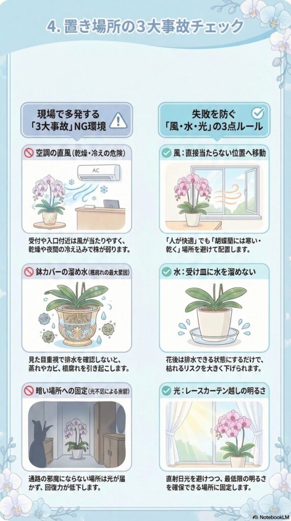 胡蝶蘭の置き場所チェック｜枯れる原因になる3つのNG環境（空調の直風・鉢カバーの溜め水・暗い場所）と失敗を防ぐ「風・水・光」配置ルールガイド