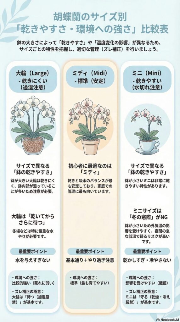 胡蝶蘭のサイズ別管理ガイド｜大輪・ミディ・ミニの「乾きやすさ」と育て方の違いを比較解説