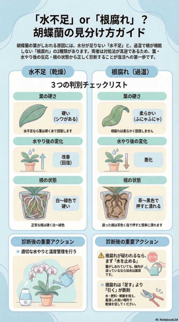 胡蝶蘭の「水不足」と「根腐れ」の見分け方ガイド｜葉の硬さ・水やり後の変化・根の状態の3つのチェックポイントで乾燥と過湿を判別し、正しい対処法を解説したインフォグラフィック