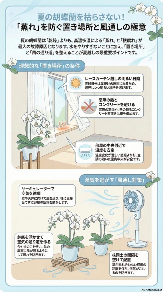 夏の胡蝶蘭の置き場所と風通し｜蒸れ・根腐れを防ぐ「正しい環境づくり」完全ガイド