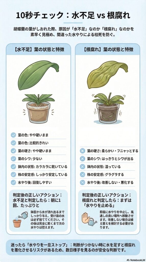 胡蝶蘭の葉がしおれる原因は？水不足と根腐れの見分け方【10秒チェックガイド】