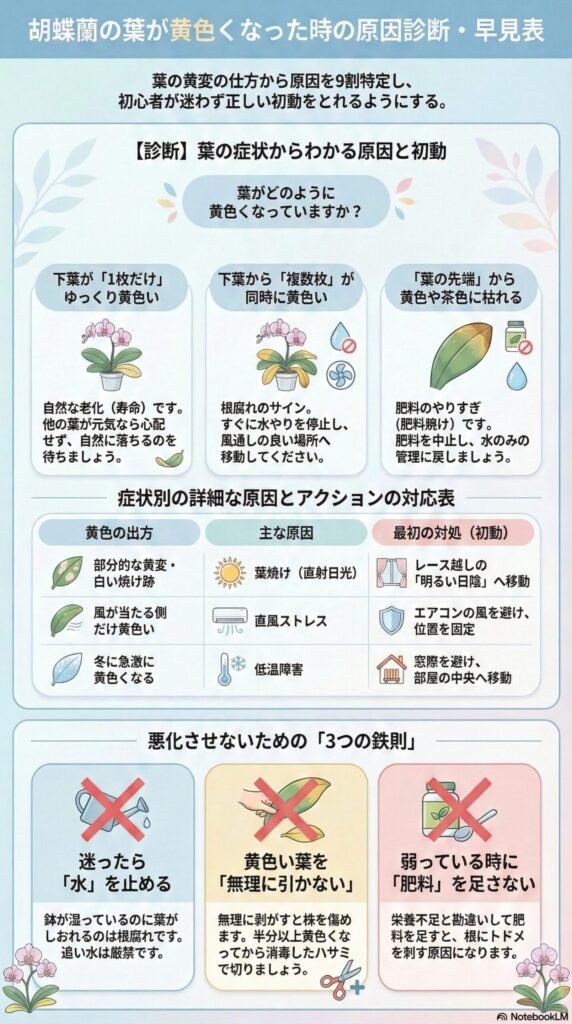 胡蝶蘭の葉が黄色くなる原因診断ガイド｜下葉の自然老化・根腐れ・肥料焼け・直射日光・風ストレス・低温障害などを症状別に見分け、最初の対処法と悪化させない管理の鉄則を解説したインフォグラフィック