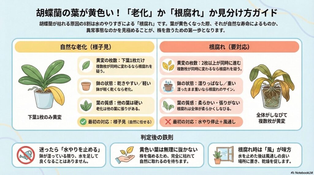 胡蝶蘭の葉が黄色い原因判別ガイド｜自然な老化と根腐れの違いを下葉の枚数・鉢の状態・葉の質感で見分け、水やり停止や風通しなど適切な初期対処を解説したインフォグラフィック