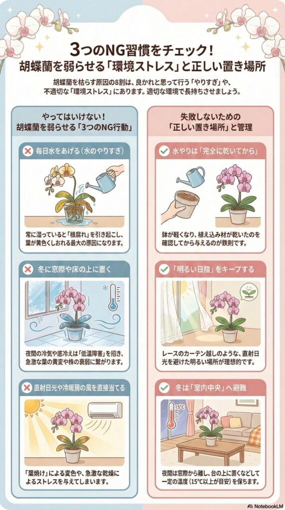胡蝶蘭を弱らせる環境ストレスとNG習慣チェックガイド｜水のやりすぎ・冬の窓際や床置き・直射日光やエアコン風の直撃などの3つのNG行動と、正しい置き場所と管理方法を解説したインフォグラフィック
