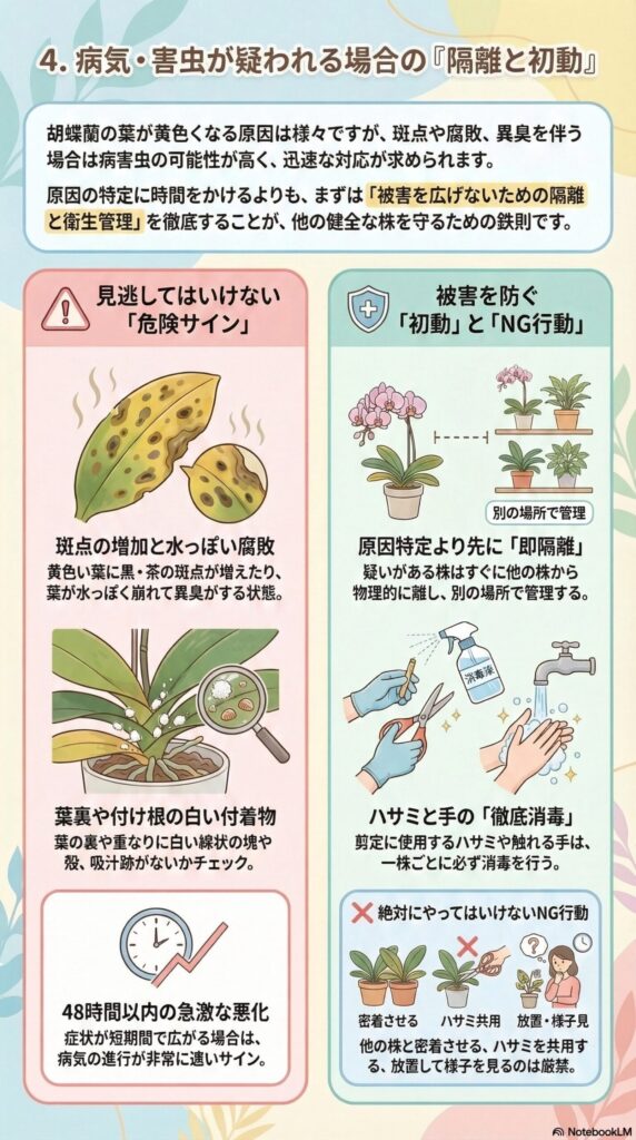 胡蝶蘭の病気・害虫対処ガイド｜葉の斑点や腐敗、白い付着物などの危険サインを見分け、被害を広げないための即隔離・消毒・衛生管理とNG行動を解説したインフォグラフィック