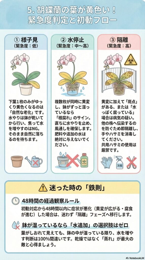 胡蝶蘭の葉が黄色い時の緊急度判定ガイド｜自然老化・根腐れ・病害の3段階で判断し、水やり停止や隔離などの初期対応と48時間観察ルールを解説したインフォグラフィック