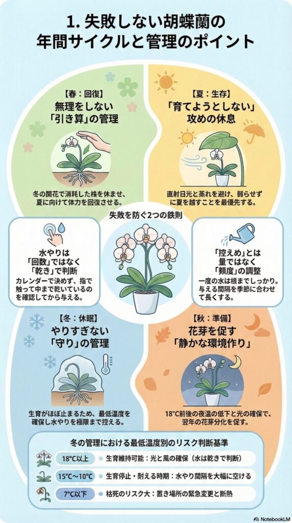 胡蝶蘭の年間サイクル管理ガイド｜春の回復・夏の休養・秋の花芽準備・冬の休眠の育て方と、水やりの判断基準や冬の最低温度別リスクをまとめたインフォグラフィック