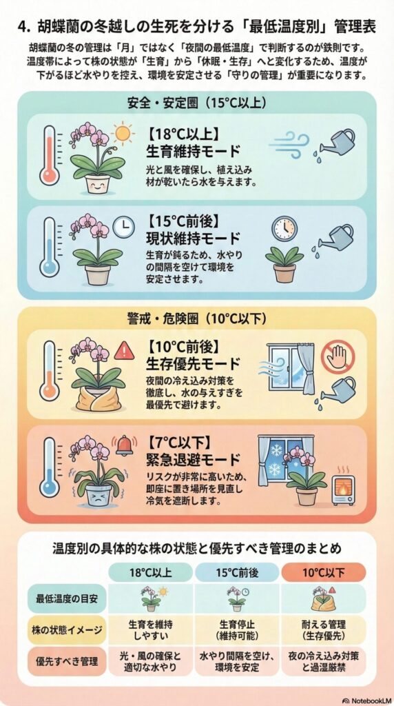 胡蝶蘭の冬越し温度管理ガイド｜夜間の最低温度を基準に18℃以上・15℃前後・10℃以下・7℃以下で管理方法を判断し、生育維持・現状維持・生存優先・緊急退避の対応を解説したインフォグラフィック
