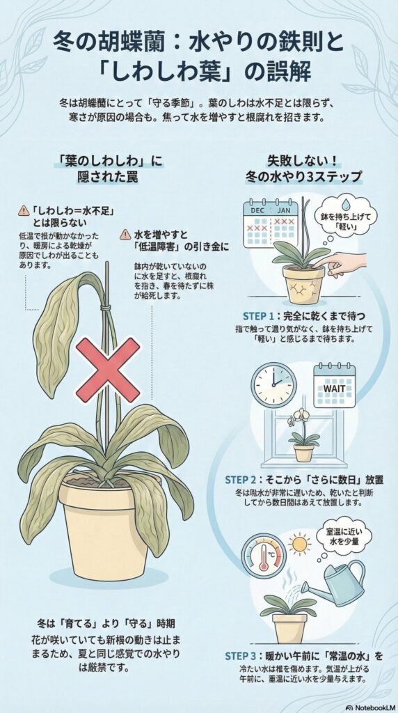 冬の胡蝶蘭の水やりガイド｜しわしわ葉は水不足とは限らない理由と、完全乾燥→数日待機→暖かい午前に少量の水を与える冬の正しい水やり3ステップを解説したインフォグラフィック