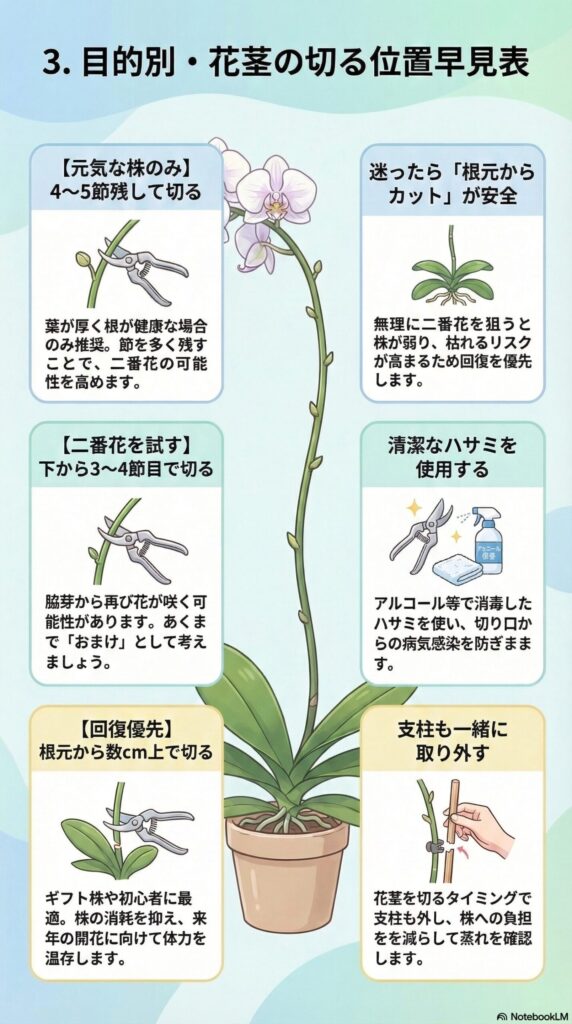 胡蝶蘭の花茎はどこで切る？目的別カット位置ガイド｜二番花を狙う剪定と回復優先の根元カットの判断基準と正しい切り方図解