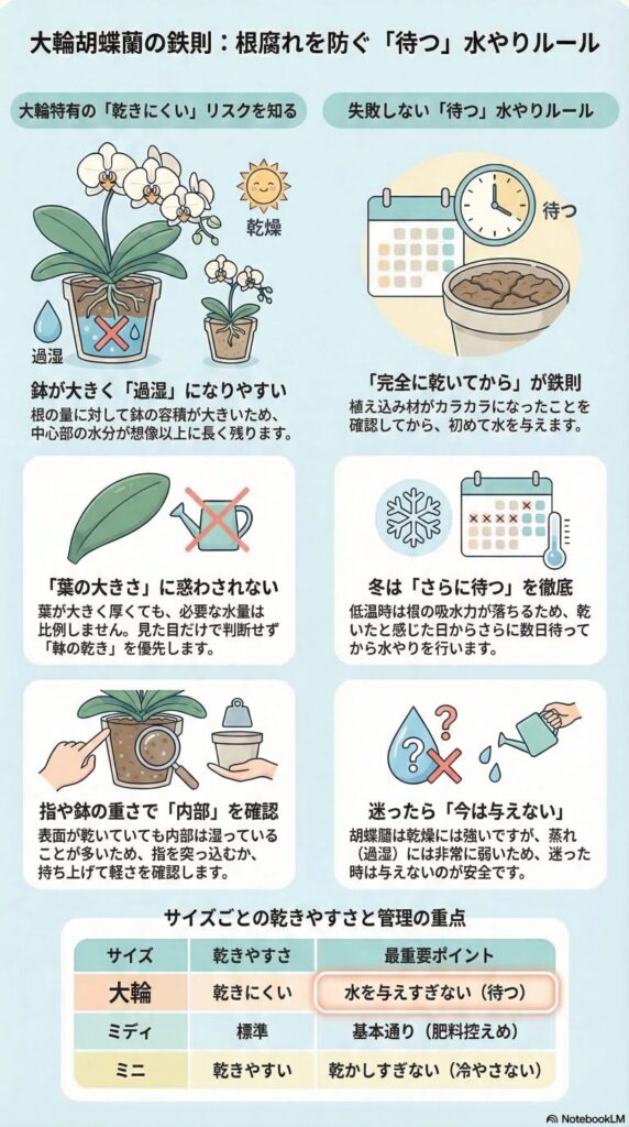 大輪胡蝶蘭の水やり完全ガイド｜根腐れを防ぐ「待つ」水やりルールと乾き確認のコツ