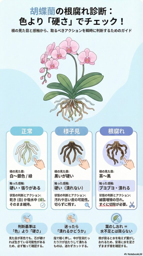 胡蝶蘭の根腐れ診断ガイド｜根の色より「硬さ」で判断する方法を解説し、正常・様子見・根腐れの見分け方と触診チェック、適切な対処（維持・経過観察・切除）を示したインフォグラフィック