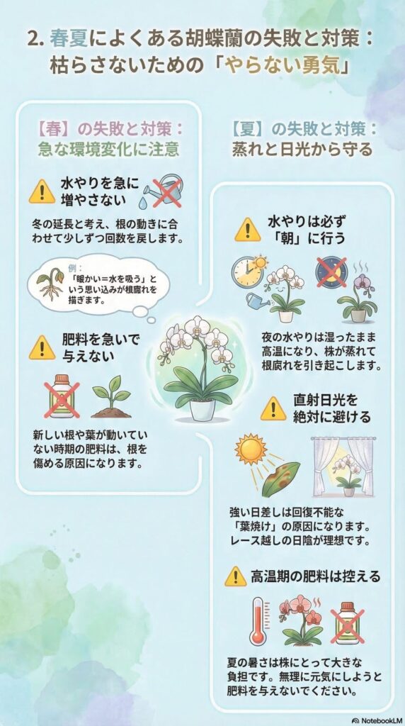 春夏の胡蝶蘭管理ガイド｜水やり・日光・肥料で失敗しない枯らさない育て方のコツ