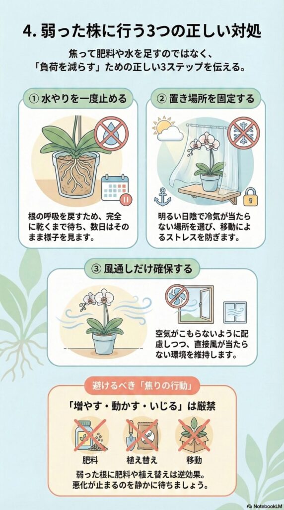 弱った胡蝶蘭の回復方法｜まずやるべき3つの対処（水やり停止・置き場所固定・風通し）とNG行動