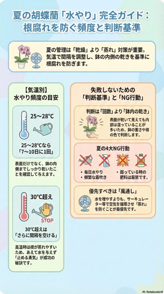夏の胡蝶蘭の水やり頻度｜根腐れを防ぐ判断基準とNG行動（25〜30℃の管理ガイド）
