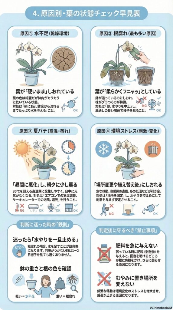 胡蝶蘭の葉がしおれる原因チェック｜水不足・根腐れ・夏バテ・環境ストレスの見分け方と対処法