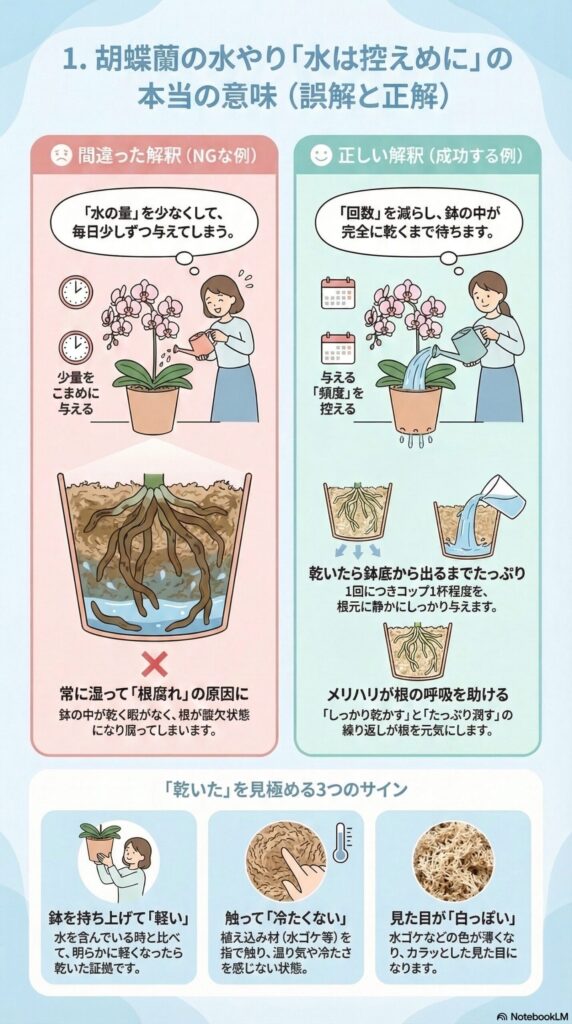 胡蝶蘭の水やり「控えめ」の正しい意味ガイド｜少量を毎日与えるNG例と、鉢が完全に乾いてからたっぷり与える正しい方法、乾きのサイン（鉢の軽さ・温度・見た目）を解説したインフォグラフィック