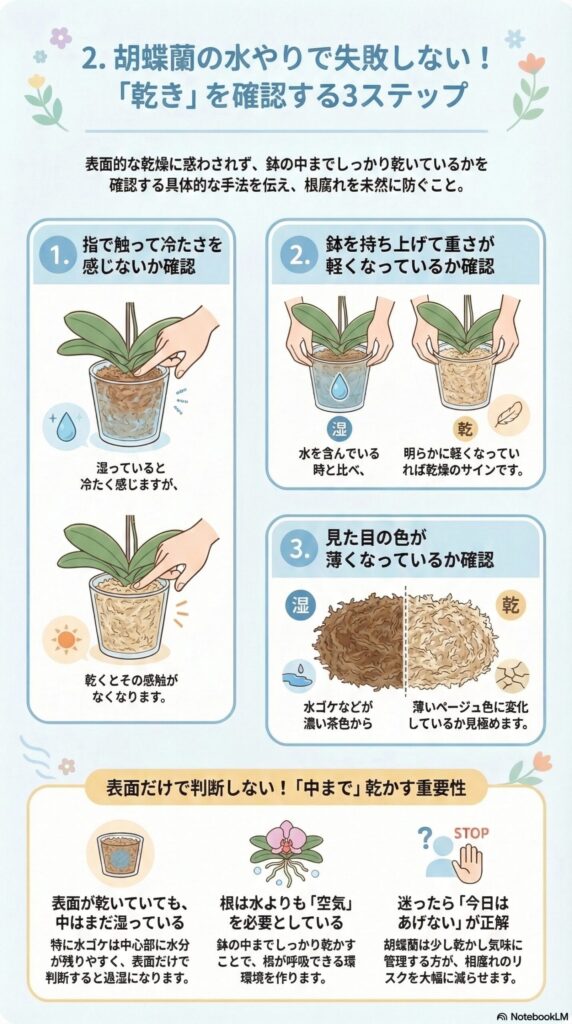 胡蝶蘭の水やりで失敗しない乾き確認ガイド｜指で触る・鉢の重さ・用土の色の3ステップで鉢の中まで乾いたか判断し、表面だけで判断しない水やり管理を解説したインフォグラフィック