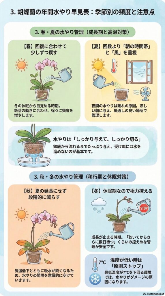 胡蝶蘭の年間水やり早見表｜春夏は朝にたっぷり与え風通しを確保し、秋は段階的に減らし、冬は乾いてからさらに待つ控えめ管理と7℃以下では水やり停止の目安を解説したインフォグラフィック