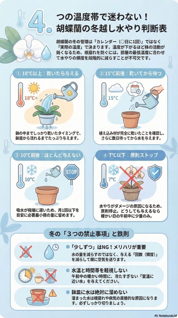 胡蝶蘭の冬越し水やり判断表｜18℃以上・15℃前後・10℃前後・7℃以下の温度帯ごとに水やり頻度を判断し、冬の禁止事項と根腐れを防ぐ管理の鉄則を解説したインフォグラフィック