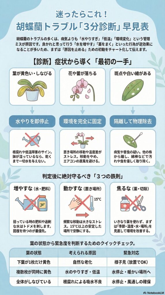 胡蝶蘭トラブル3分診断ガイド｜葉の黄変・花落ち・斑点などの症状から原因を判断し、水やり停止・環境固定・隔離など最初に取るべき対処と管理の鉄則をまとめたインフォグラフィック