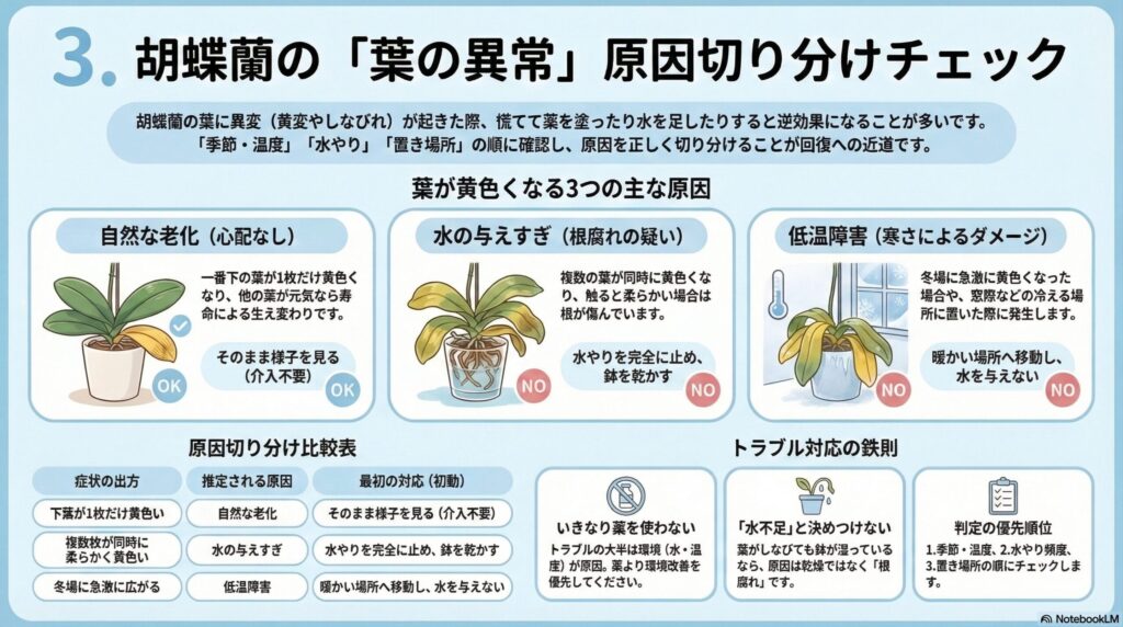 胡蝶蘭の葉が黄色くなる原因チェックガイド｜自然老化・水の与えすぎ・低温障害の見分け方と、症状別の初期対応やトラブル対処の基本ルールを解説したインフォグラフィック