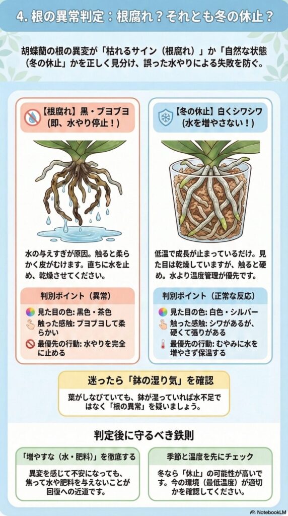 胡蝶蘭の根の異常判定ガイド｜黒くブヨブヨの根腐れと白くシワのある冬の休止状態の違いを見分け、水やり停止や温度管理など正しい対処を解説したインフォグラフィック