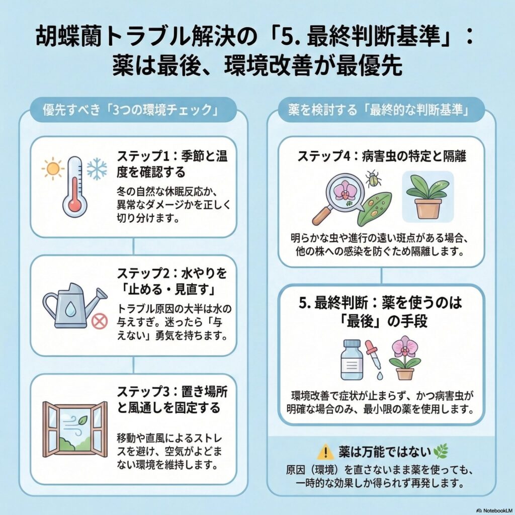 胡蝶蘭トラブル対処の最終判断ガイド｜季節と温度・水やり見直し・置き場所と風通しの環境改善を優先し、病害虫が明確な場合のみ薬を最後の手段として使う判断基準を解説したインフォグラフィック