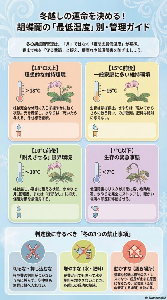 胡蝶蘭の冬越し最低温度ガイド｜18℃以上・15℃前後・10℃前後・7℃以下の温度帯ごとに管理方法を判断し、水やり頻度や保温対策、冬に守るべき禁止事項を解説したインフォグラフィック