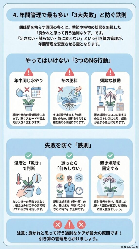 胡蝶蘭の年間管理で失敗しやすい3つのNG行動｜年中同じ水やり・冬の肥料・頻繁な移動を防ぐ温度と乾き基準の管理ガイド