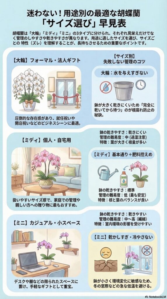 胡蝶蘭のサイズ選び完全ガイド｜大輪・ミディ・ミニの用途別おすすめと育て方の違いまとめ