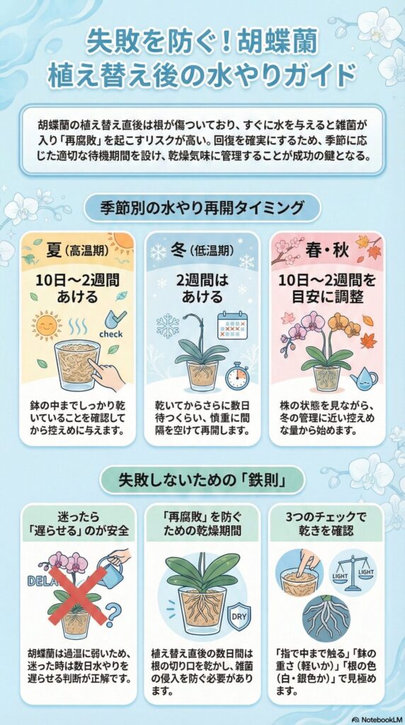 胡蝶蘭の植え替え後の水やりガイド｜再腐敗を防ぐための乾燥期間と季節別の水やり再開タイミング（夏・冬・春秋）、乾き確認の3チェックと管理の鉄則を解説したインフォグラフィック