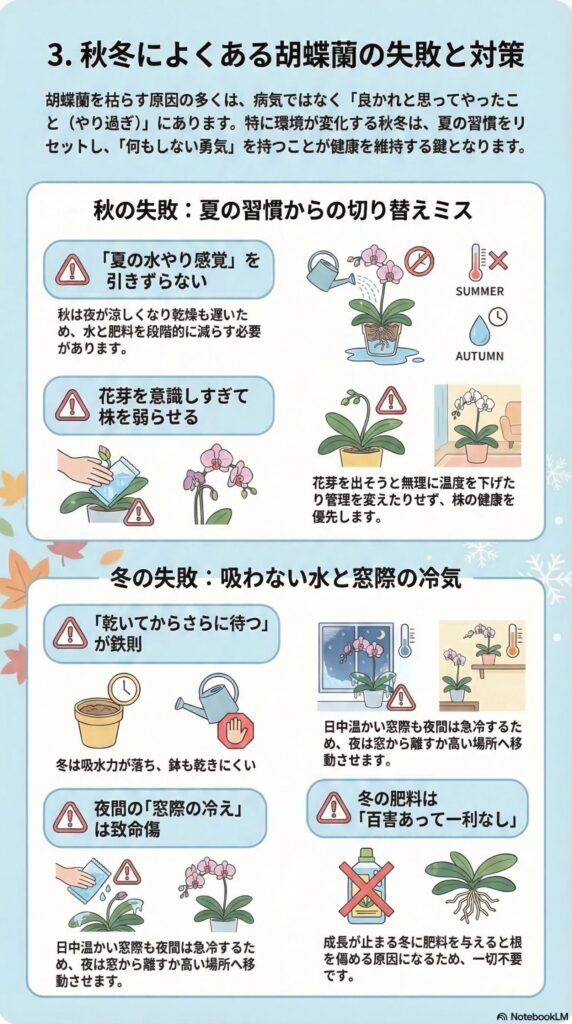 秋冬の胡蝶蘭管理ガイド｜水やり・窓際の冷え・肥料NGなど失敗しない冬越しのコツ
