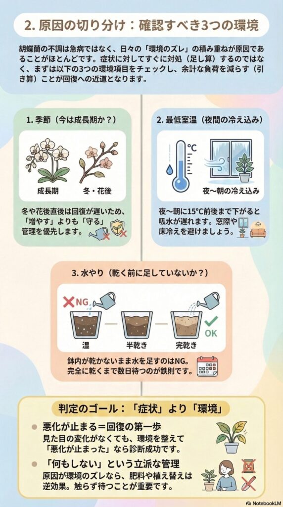弱った胡蝶蘭の原因チェック｜回復の前に確認すべき3つの環境（季節・夜間温度・水やりの見直し）