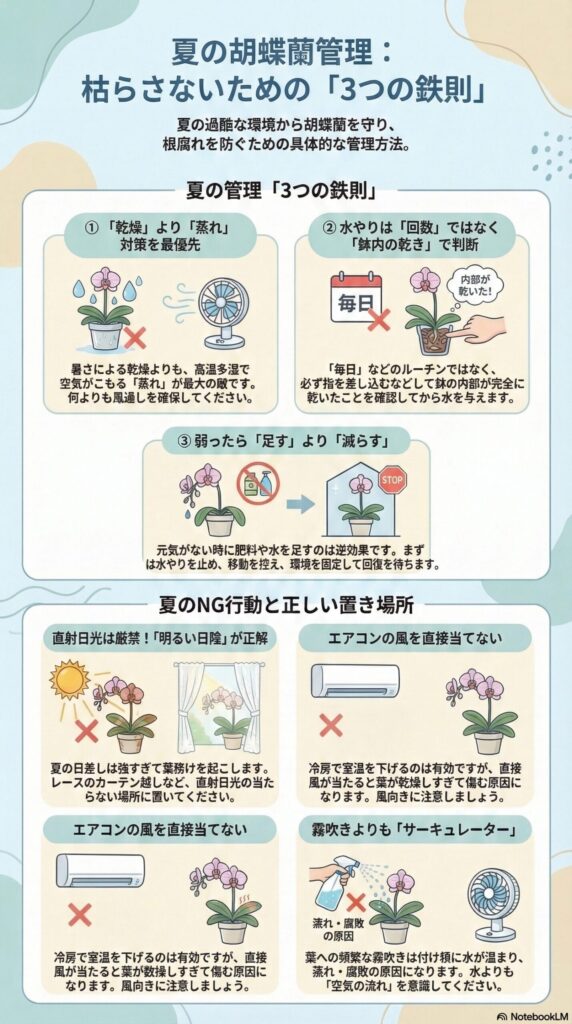 夏の胡蝶蘭の育て方｜枯らさないための3つの管理ルールとNG行動（蒸れ・水やり・置き場所）