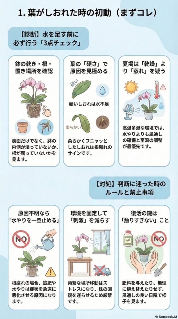 胡蝶蘭の葉がしおれる原因と対処｜水やり前に必ず確認する3つのチェックポイント