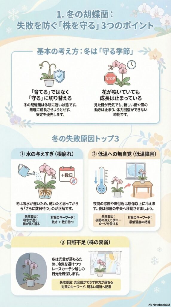 冬の胡蝶蘭管理ガイド｜水の与えすぎ・低温・日照不足の失敗原因トップ3と、冬は「育てる」より「守る」を優先する基本管理ポイントを解説したインフォグラフィック