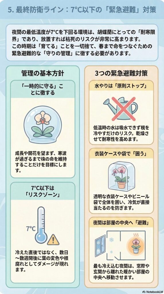 胡蝶蘭の寒波対策ガイド｜最低温度7℃以下で実施する緊急避難管理として、水やり停止・ビニールで保温・夜は部屋中央へ移動する防寒対策を解説したインフォグラフィック