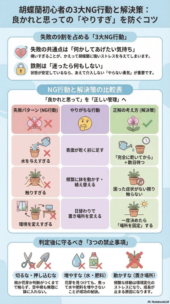 胡蝶蘭初心者の失敗を防ぐ3つのNG行動｜水やり・触りすぎ・環境変更の正しい対処法ガイド