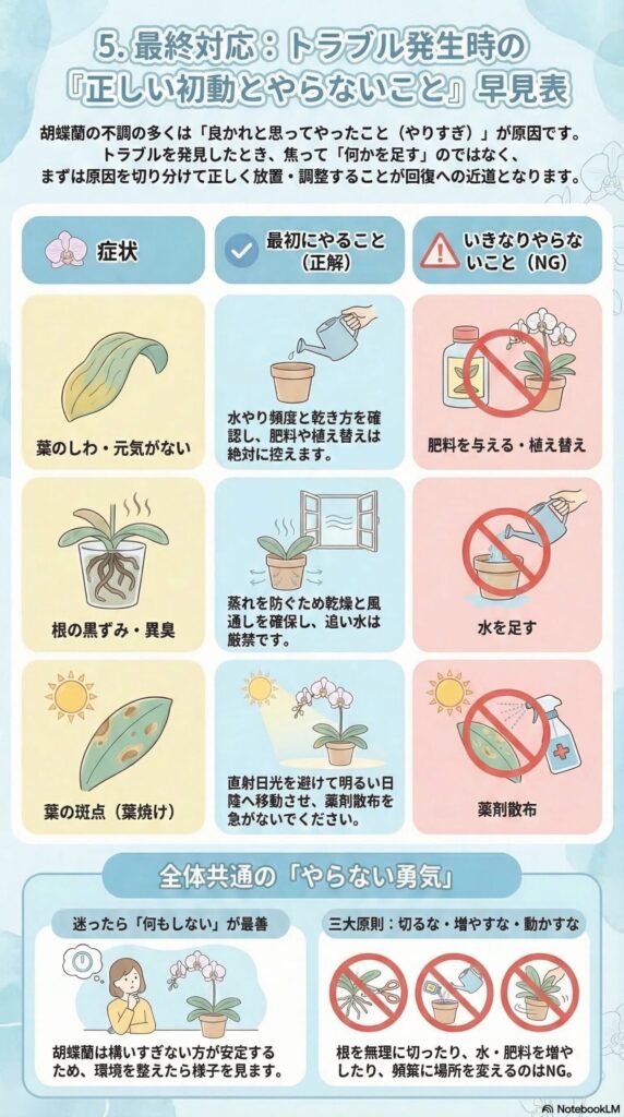胡蝶蘭トラブル対処ガイド｜葉のしわ・根腐れ・葉焼けの原因と正しい初動対応まとめ